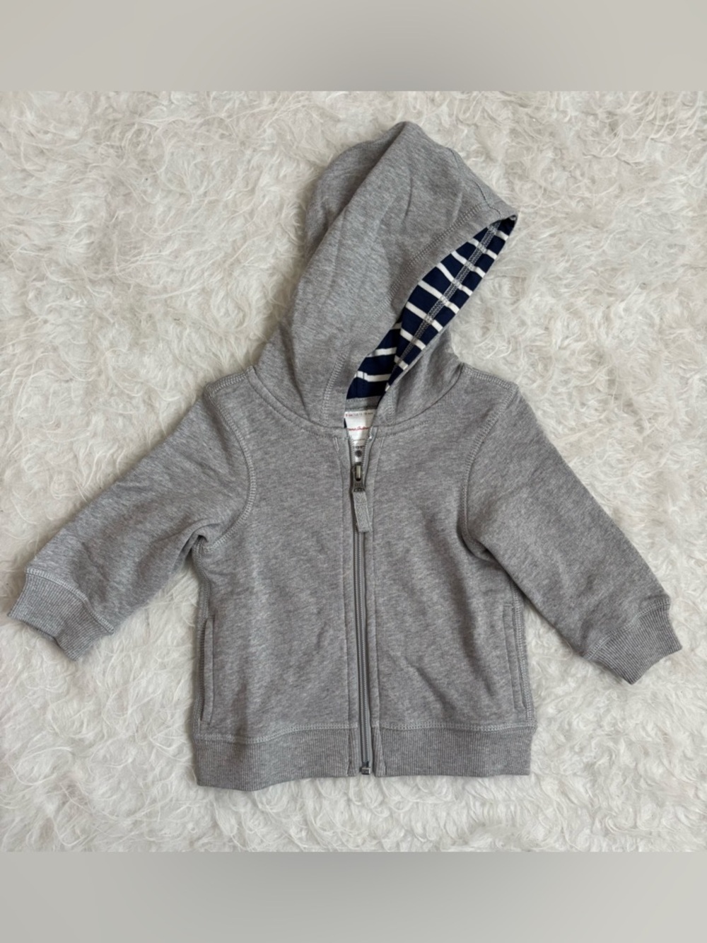 Hanna Andersson Baby Gray Zip Hoodie with Navy Stripe Lined Hood